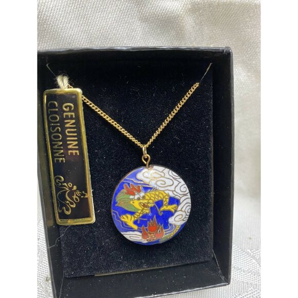 Genuine Cloisonné Dragon Pendant Necklace With Gold-Tone Chain In Gift Box - Picture 2 of 5